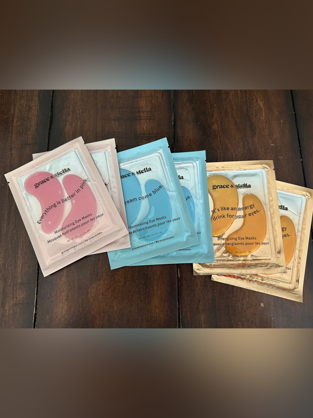 grace & stella 6 pk. Eye Glow Trio Pink, Blue & Gold Hydrogel Under Eye Patches